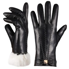 Very Elegant Warm Fur Lined Leather Gloves Women with Bow Touchscreen Texting...