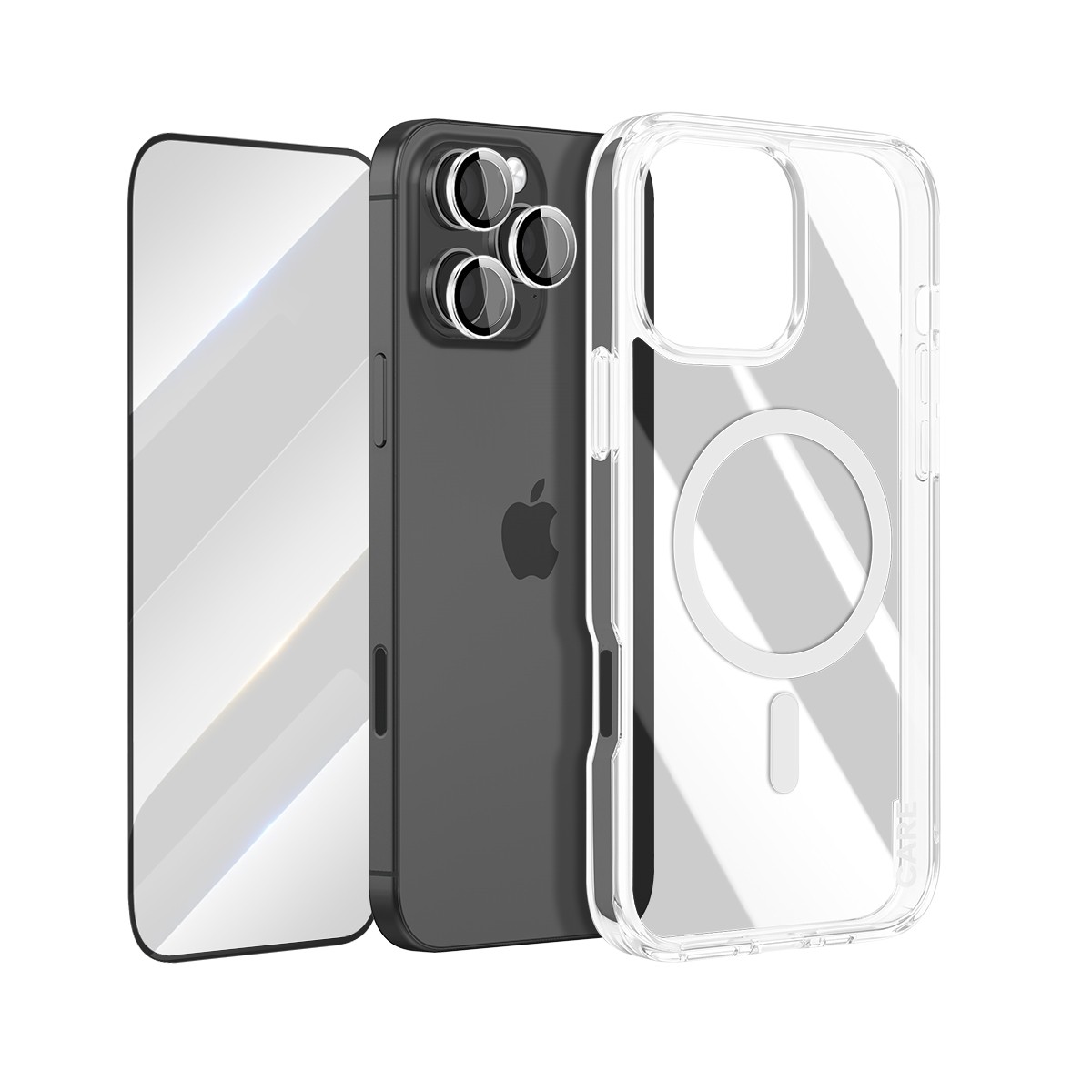 Coque de protection iPhone 16 Pro Max transparente avec film écran verre trempé 3 en 1