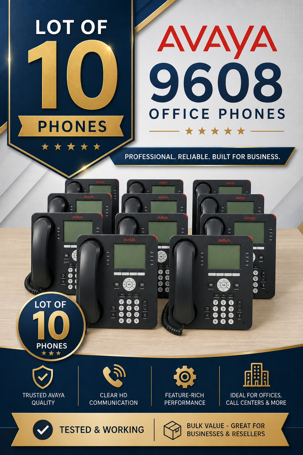 Lot of 10: Avaya 9608 IP Office Phones w/ Handsets Stands Tested Reset