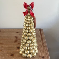 Bella Lux Gold Jingle Bell Christmas Tree Red Coquette Bow 14” Tall NWT