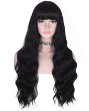 AMZCOS Long Wavy Black Wig with Bangs Heat Resistant Synthetic