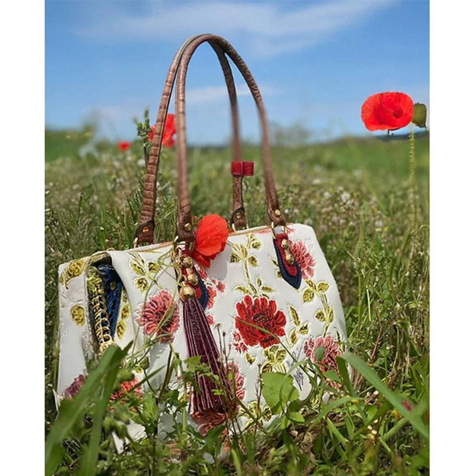 Bolso de Mano de Diseñador Marino Orlandi Pintado a Mano Rojo Peonías Bolso de Cuero de Alabastro Foto 3 de 4