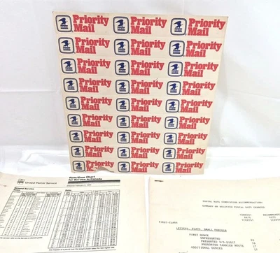 USA Priority Mail label 1980s Lot Of 27 & 80s Postal Rates Sheets For USPS & UPS - Image 1 of 4