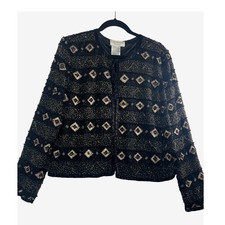 Papell Boutique Evening Women Jacket M Black Silk Beaded Embellished Diamond