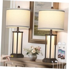27in Tall Farmhouse Table Lamp Set of 2 with USB C A  Outlet,Industrial Brown