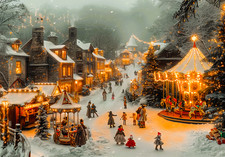 Victorian Christmas Village Scene Decoration Canvas Picture Print Wall Art
