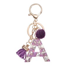 Initial Letter Keychain, Cute Alphabet Letter-A Charm with Tassel Ball, Purple
