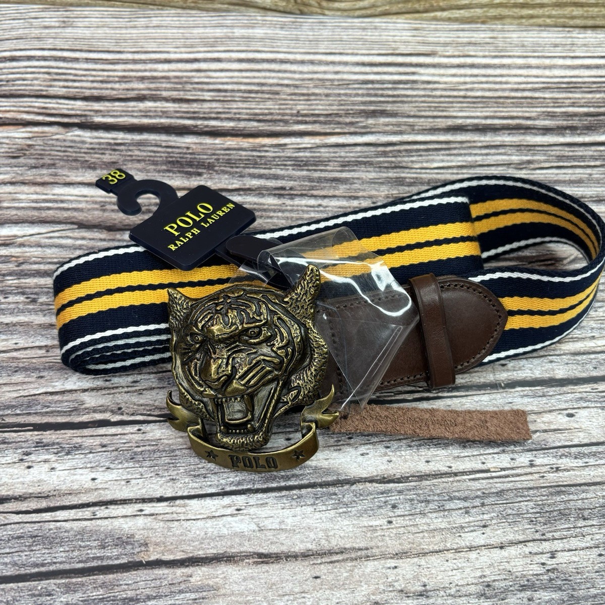 Mens Size 38 Polo Ralph Lauren Metal Tiger Buckle Navy & Yellow