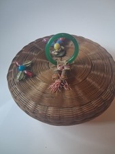 Antique Chinese Woven Bamboo Sewing Basket Peking Glass Ring Wood Spool Tassels