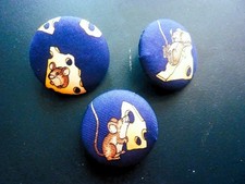 4 Silk Buttons Comic Mice & Cheese Unique Handmade Silk 2cm/1ins Hole Metal