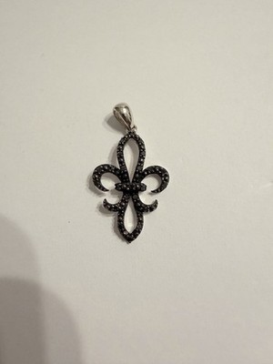 Sterling Silber Fleur de Lis Anhänger schwarze Diamanten pave oxidiert 925