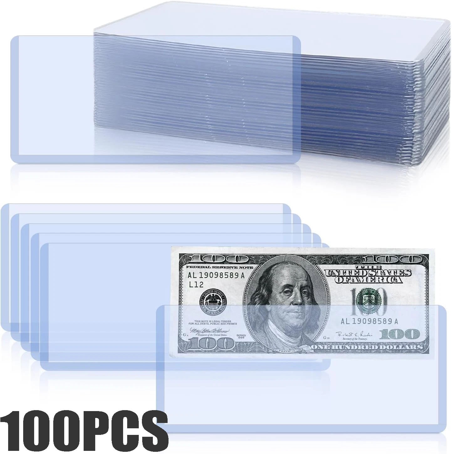 100 Pack Hard Plastic Money Bill Holder Top-Loaded Currency Sleeves Display US