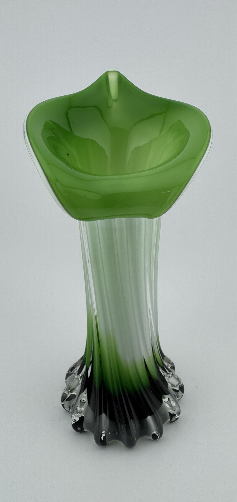 Vintage Jack In The Pulpit Emerald Green Clear Milky White Calla Lily Glass Vase