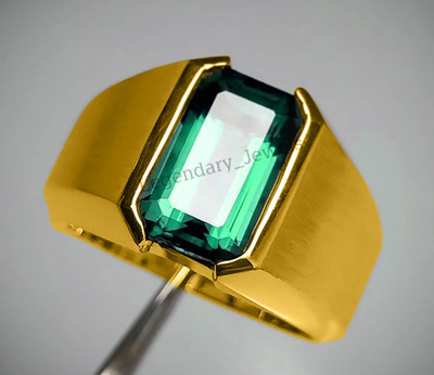 Green Emerald Gemstone Handmade 14K Solid Yellow Gold Engagement Men's Ring