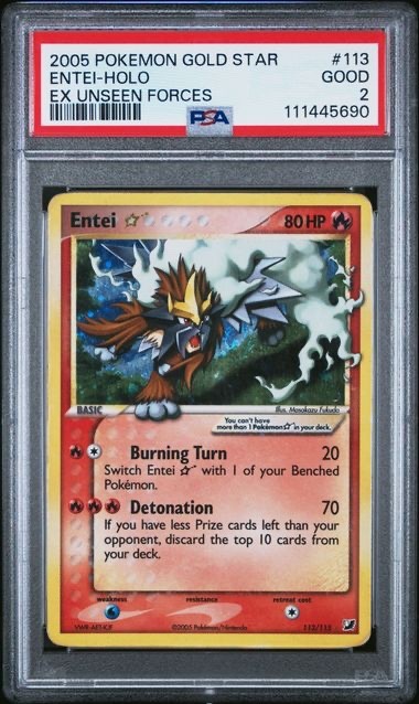 Pokemon 2005 Gold Star Entei Holo Ex Unseen Forces #113 PSA 2