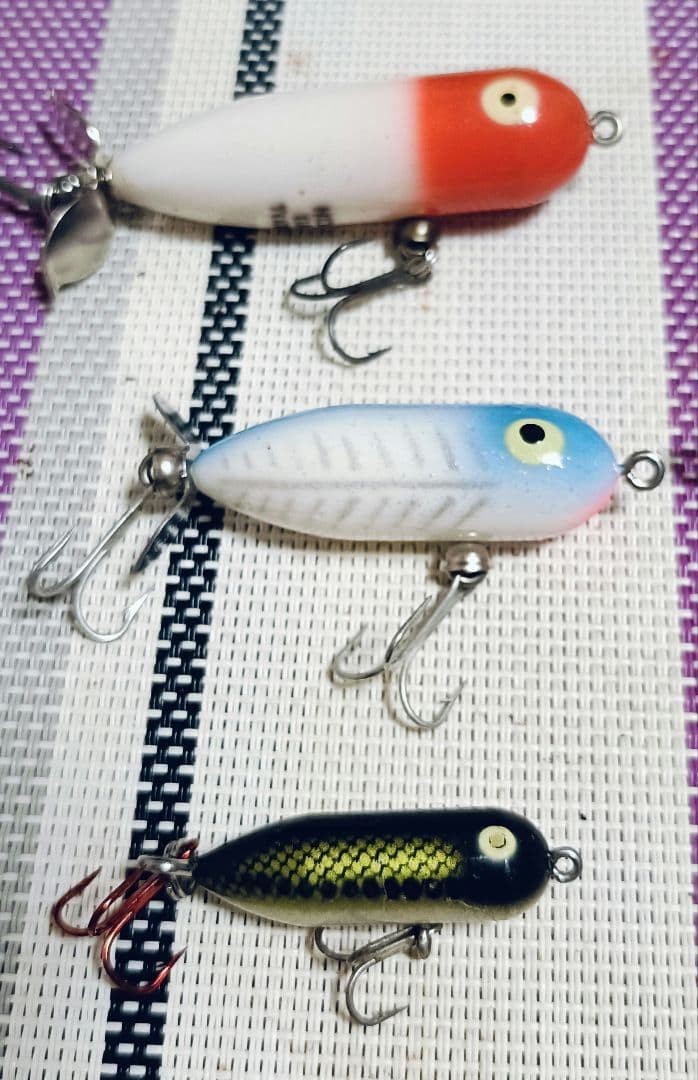 Heddon Tiny Torpedo Set of 3 Topwater Lures Red & White, Used Bonus - Image 2