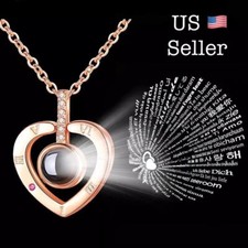 I LOVE YOU in 100 Languages Light Projection Heart Necklace Girlfriend 