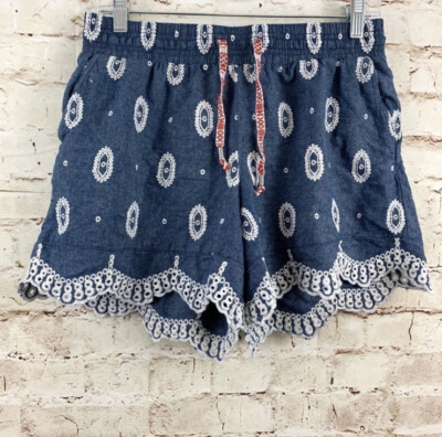 Anthropologie Ett Twa Womens Scalloped Eyelet Shorts Size XS Chambray Blue White