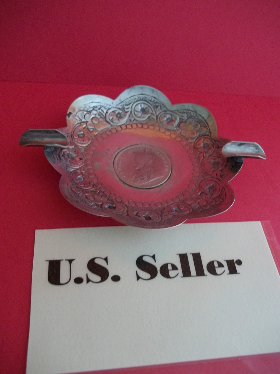 Antique Silver Ashtray with George V King Emperor 1919 one rupee