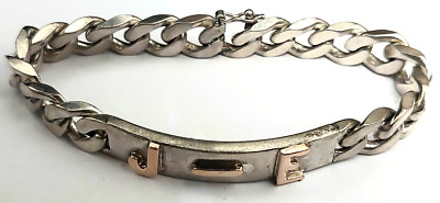 Estate Gold J E Monogram & 925 Sterling Silver Cuban Link Heavy Bracelet Italy