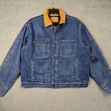 LUCKY BRAND Denim Jacket Mens LARGE BLUE BROWN OUTDOOR WORK FLANNEL LINED NWT