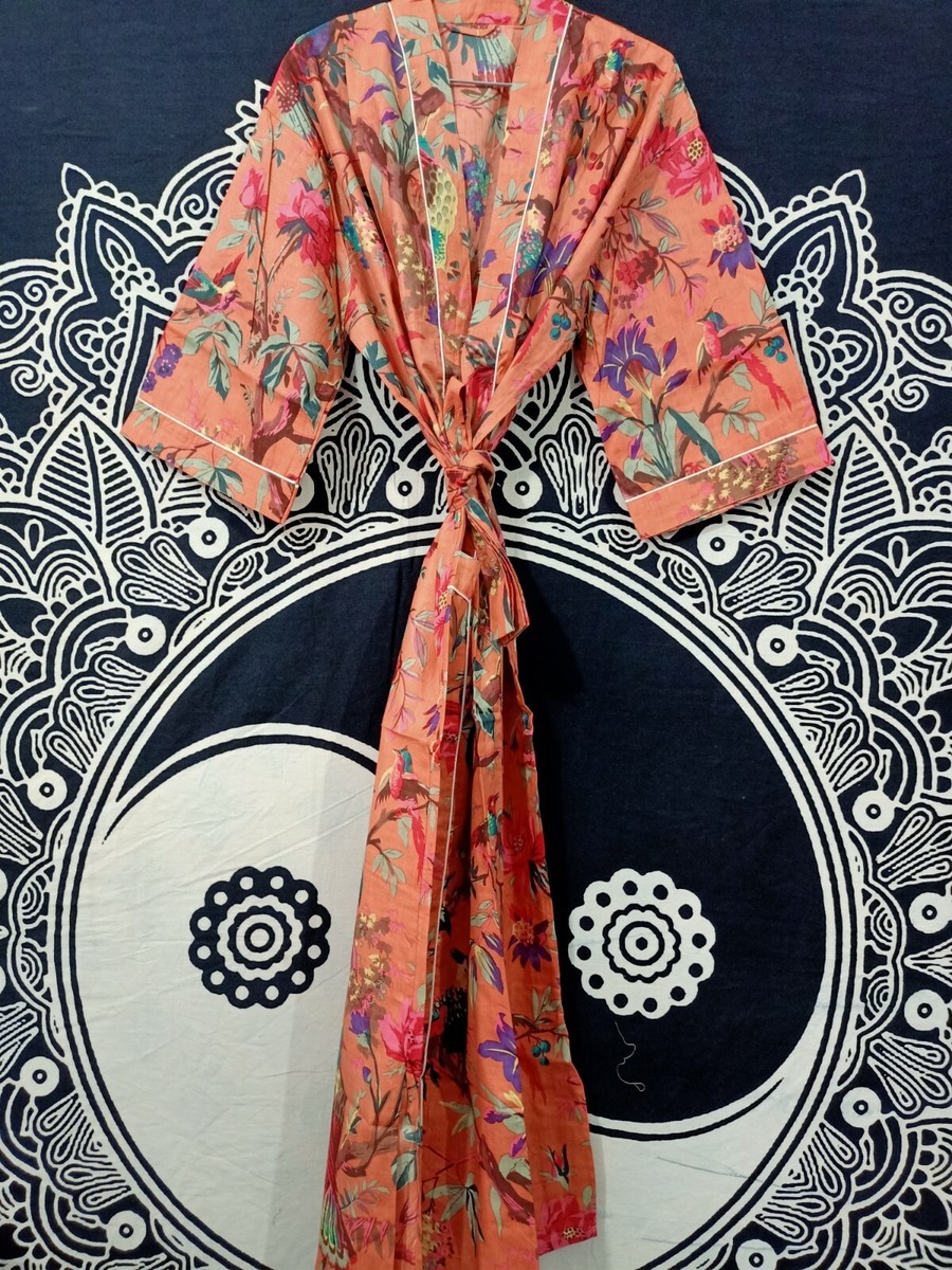 Kimono Abito Da Notte In Cotone Indiano – Lungo, Stampa Uccellino, Vestaglia Donna – Fatto A Mano