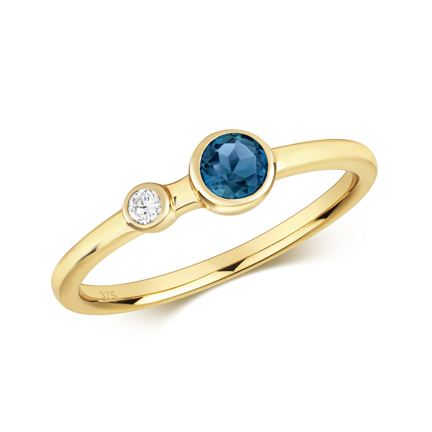 Bague 2 Pierres Or Jaune 9k, l'éclat intemporel du diamant et de la topaze bleue