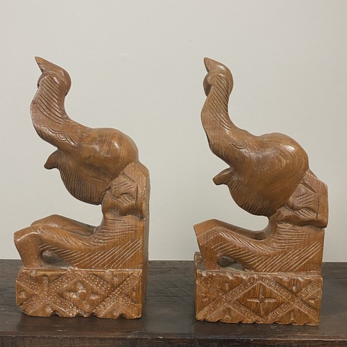 Vintage Hand Carved Wood Elephant Bookends eBay