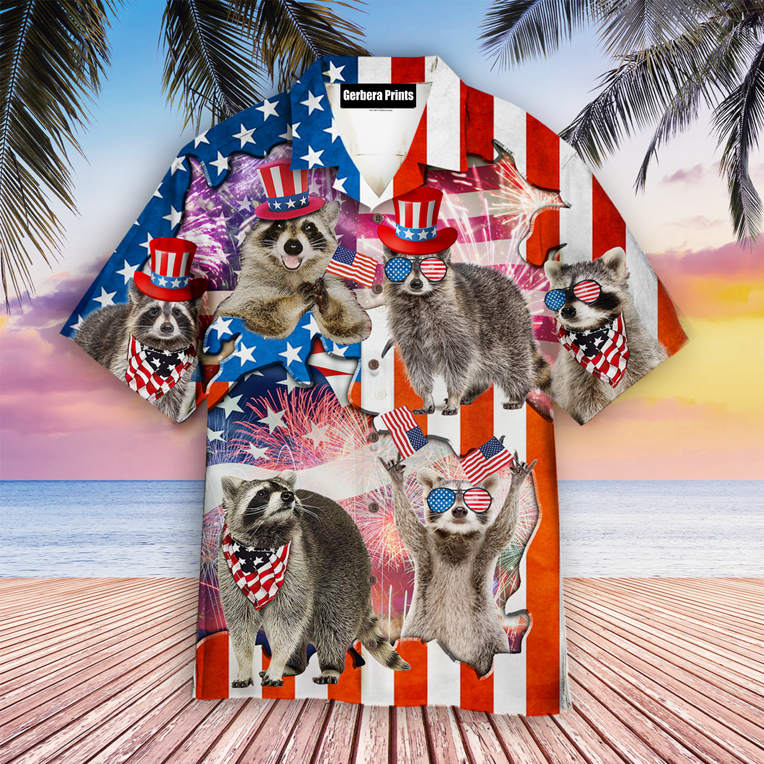 Raccoon Love America 4th Of July Patriotic Aloha Hawaiian Shirt with Festive Design