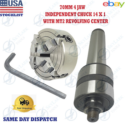 4 Jaw Independent 70 mm Lathe Chuck Premium + Revolving Center MT2 Shank M14 X 1
