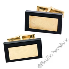 14K Yellow Gold Rectangular Cut Black Onyx Florentine Finish Swivel Cuff Links