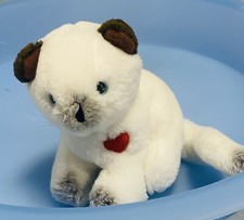 Dakin Cat Plush White Valentine Red Heart Brown Ears Blue Eyes 5  VTG