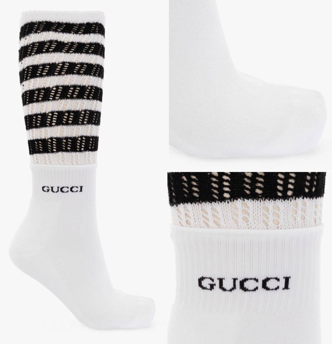 GUCCI ✖️ ストライプソックス GUCCI WHITE OPENWORK Double-Layered Striped Tennis Socks Sneakers
