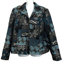 Vintage Dress Barn Womens Jacquard Fleur De Lis Blue Black Zip Up Jacket Coat