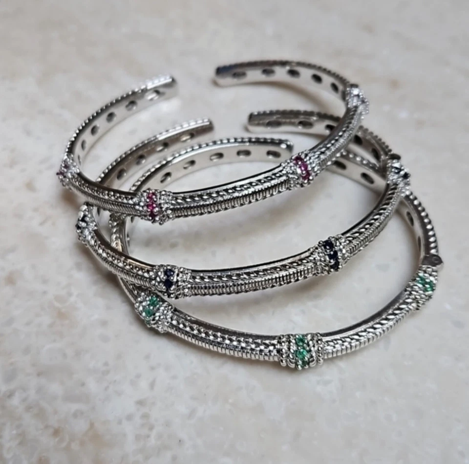 Judith Ripka 925 Silver & Sapphire Hinged Bangle Sm-Md - Image 3 of 4