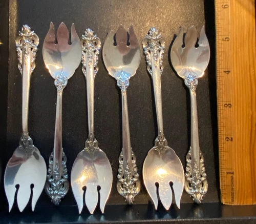 6 STERLING ICE CREAM FORKS  GRAND BAROQUE   GREAT SHAPE  FROM A SET WE HAVE UP