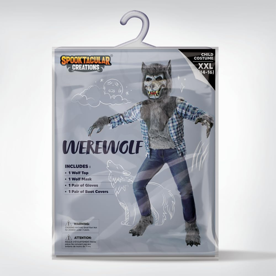 Boy Howling Werewolf Deluxe Costume with Mask, Werewolf Claws Gloves