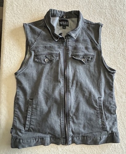 XXX Rude Vest Large Gray Denim Jacket Distressed Grunge Punk Rock Skull On Back