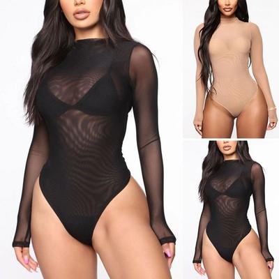 1 X Damen Sexy Durchsichtig Body Langarm Transparent Dessous Overall Lange Ärmel