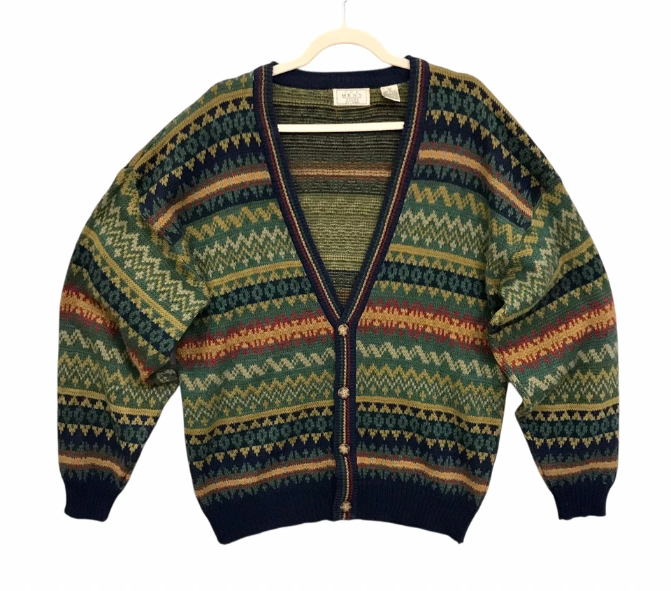 VTG Sears Fair Isle Cardigan Green 80s Grunge Grandpa Academia Preppy Sz L Tall - Image 2 of 4