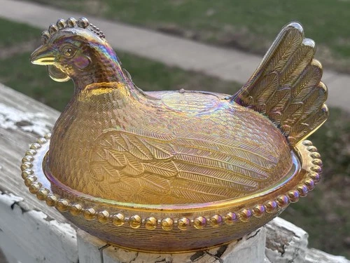 RARE Vtg Indiana Glass 7” Hen on Nest - AMBER CARNIVAL Iridescent - MINT