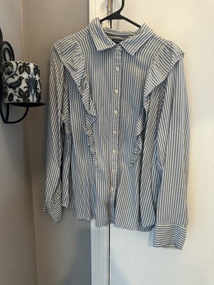 Torrid Plus Size Ruffle Front Button Up Shirt Blue And White Striped Size 1