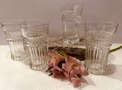 Anchor Hocking ~ Vintage Laurel Clear Pressed Glass Flat Tumblers 8 oz ~Set Of 4