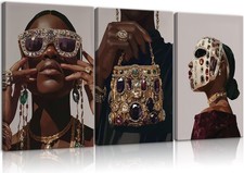 3pcs Black Trendy Girl Canvas Wall Art Luxurious Fashion Jewelry Wall Decor A...