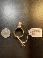 Beautiful Bright Pink Rhodonite Ball Set In Brass Wire Wrap Ring Size 11