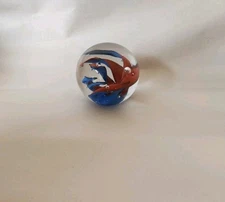 Handley Glass Art Blue Orange Swirl Controlled Bubble Paperweight,  Signed