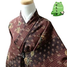 Kaerutei Kimono Brown Floral Synthetic Washable Used Japan