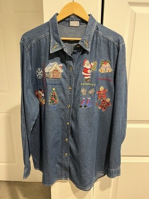 Vintage Bobbie Brooks Christmas Button Up Long Sleeve Shirt Denim Blue Women's L