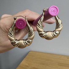 VTG 14K Yellow GOLD Puff Textured Hoop Earrings Hollow Snap-bar Satin  Polished