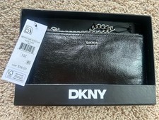 DKNY Bryant Park Black Faux Leather Wristlet Silver Tone Chain Strap NWT  Box